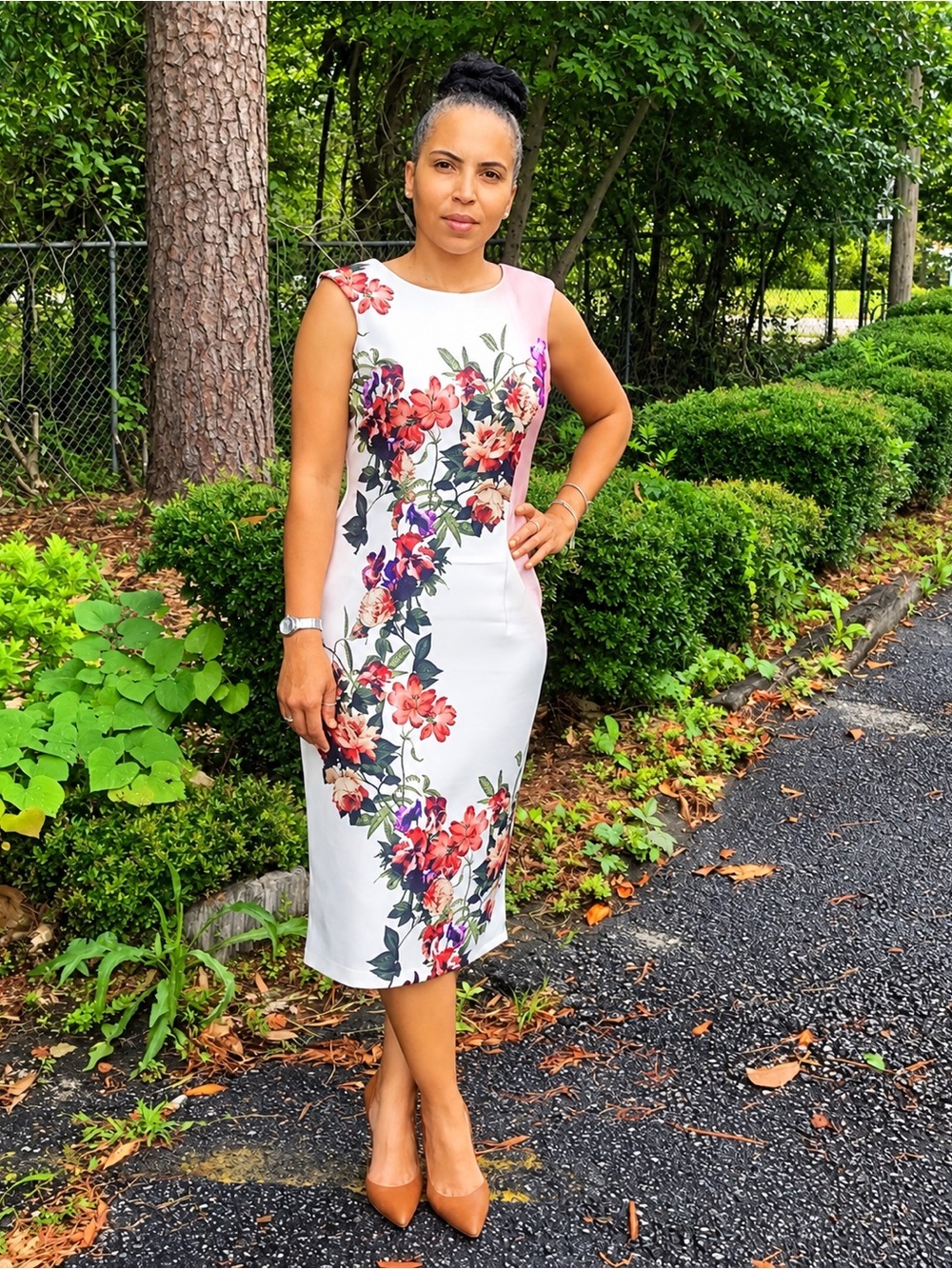 Worthington White Sheath Dress with Pink and Coral Floral Print